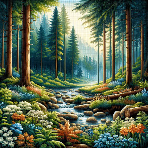 Image of Diamond painting artwork of a scenic forest landscape.