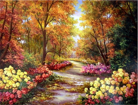 Image of Diamond painting depicting a forest path winding through a dense canopy of trees.