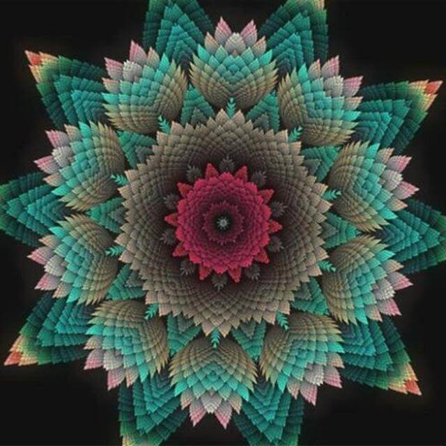 Diamond painting mandala with a colorful fractal flower design.