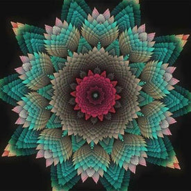 Diamond painting mandala with a colorful fractal flower design.