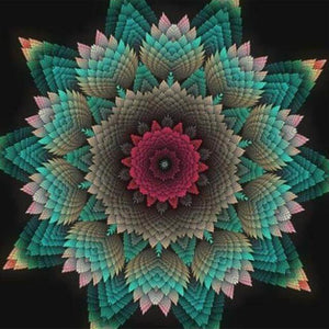 Diamond painting mandala with a colorful fractal flower design.