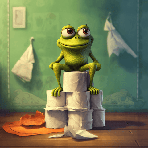 Image of A funny diamond painting of a frog sitting on a stack of toilet paper rolls.