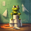 A funny diamond painting of a frog sitting on a stack of toilet paper rolls.