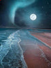 Diamond painting depicting a tropical beach at night with a full moon illuminating the waves.