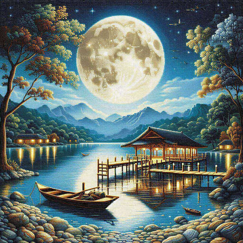 Image of full moon lake house diamond painting night scenery