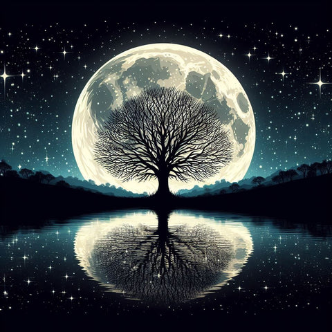 Image of full moon tree lake night sky diamond painting