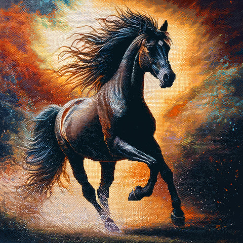 Image of Black horse galloping diamond painting with fiery sunset backdrop