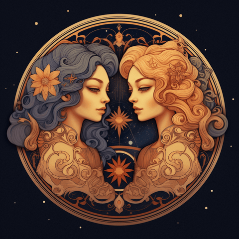 Image of A diamond painting of the Gemini zodiac sign, depicting two women representing the duality of the sign.