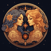 A diamond painting of the Gemini zodiac sign, depicting two women representing the duality of the sign.