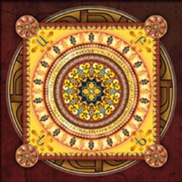 Geometric diamond painting mandala in shades of purple and blue.