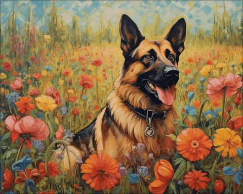 Image of Diamond painting of a playful German Shepherd dog sitting in a field of colorful flowers.