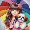 Sparkling diamond painting featuring a girl holding a bright umbrella and her adorable puppy. 