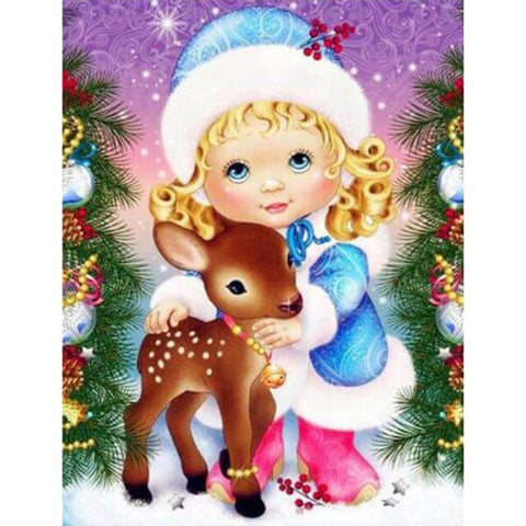 Image of A young girl playing with a fawn in a snowy forest with Christmas trees in the background.