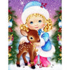 A young girl playing with a fawn in a snowy forest with Christmas trees in the background.