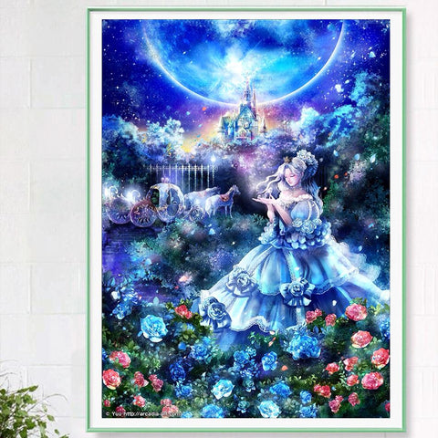 Image of A young girl standing in a magical forest, with a full moon and a castle in the background.