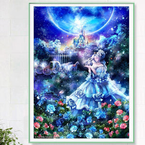 A young girl standing in a magical forest, with a full moon and a castle in the background.