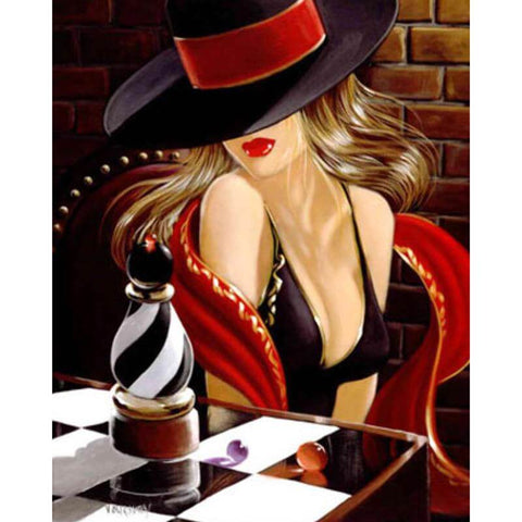 Image of A sophisticated lady concentrating on a chess game.