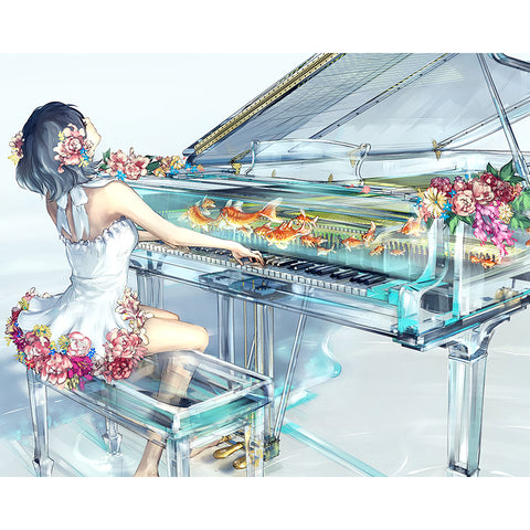 Image of A girl playing a piano surrounded by beautiful flowers.