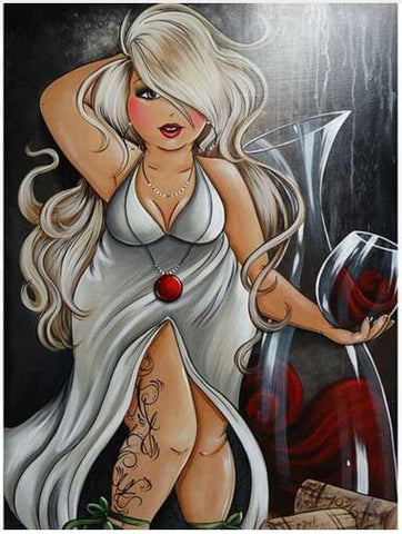 Image of Diamond painting of a woman enjoying a glass of red wine. 