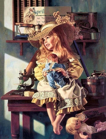 Image of Diamond Painting of a Little Girl sitting on a Vintage Sewing Machine holding a doll