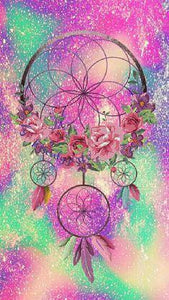 Diamond Painting of a Glittering Dreamcatcher with Flowers and Feathers