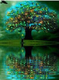 Image of Diamond painting of a mystical glowing tree reflected in a still lake at night.