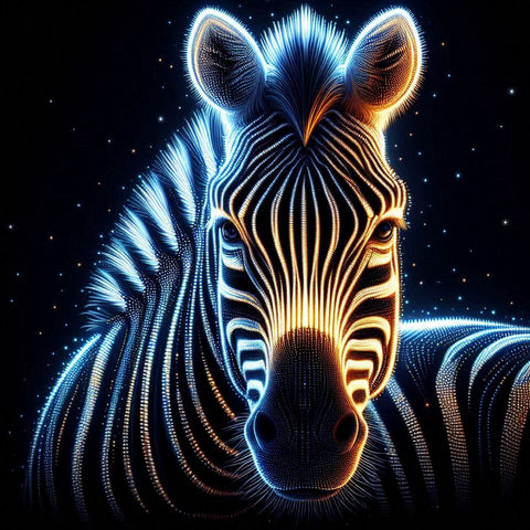 Image of mesmerizing diamond painting of a zebra with glowing neon stripes against a dark background