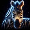 mesmerizing diamond painting of a zebra with glowing neon stripes against a dark background