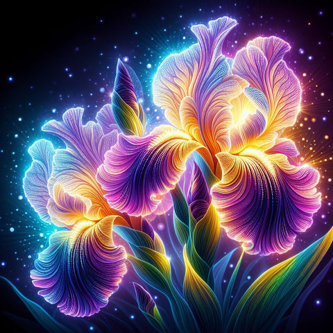 Image of Diamond painting of luminous iris flowers in the dark.