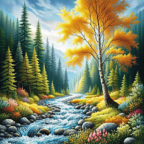 Image of beautiful diamond painting of a vibrant forest with a golden birch tree beside a flowing river