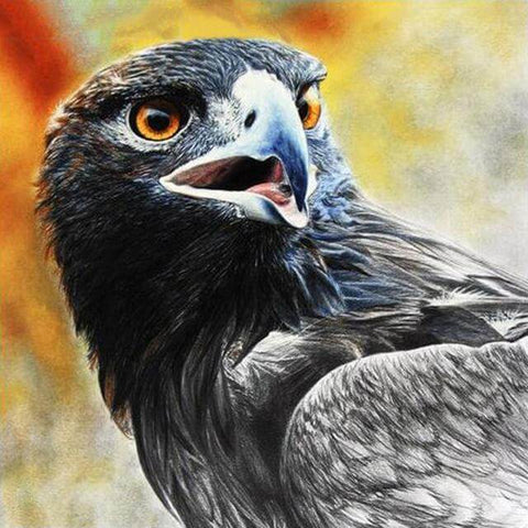 Image of Diamond painting of a golden eagle's head, showing its sharp beak and intense gaze