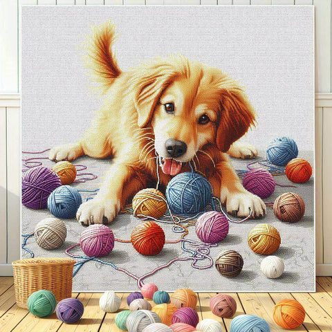 Image of Golden Retriever puppy playing with yarn balls diamond painting