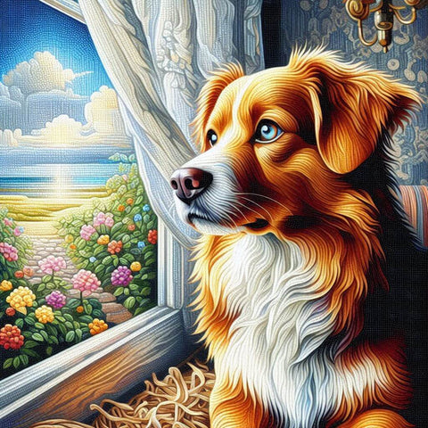 Image of Golden Retriever dog looking out window diamond painting