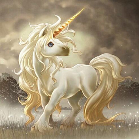 Image of his diamond painting kit features a mythical white unicorn with a shiny golden horn.