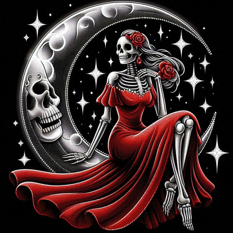 Image of Intricate diamond painting of a skeleton woman in a red dress sitting on a crescent moon with floral accents