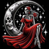 Intricate diamond painting of a skeleton woman in a red dress sitting on a crescent moon with floral accents