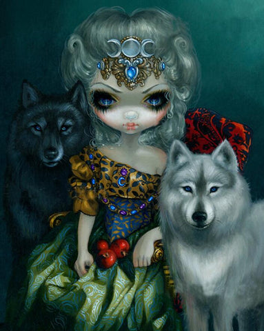 Image of DIY diamond art depicting a majestic gothic wolf queen.