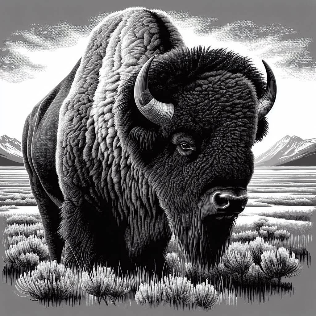detailed black and white diamond painting of a majestic American bison