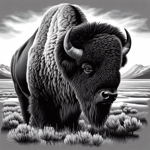 Image of detailed black and white diamond painting of a majestic American bison