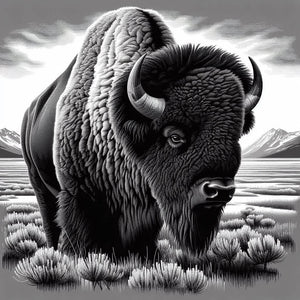 detailed black and white diamond painting of a majestic American bison