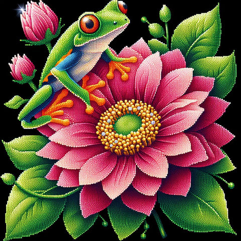 Image of Diamond painting of a green frog perched on a beautiful pink water lily.