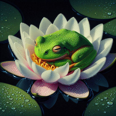 Image of green frog sleeping on water lily diamond painting