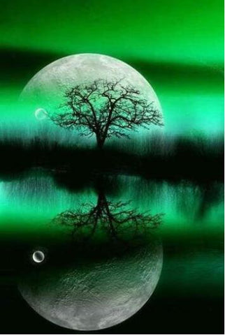 Image of Diamond Painting of a Large Moon Over a Tree and Reflecting on a Green Lake