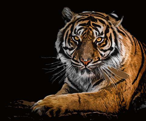 Image of Diamond painting of a Bengal tiger alert in a protective posture.