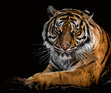 Diamond painting of a Bengal tiger alert in a protective posture.