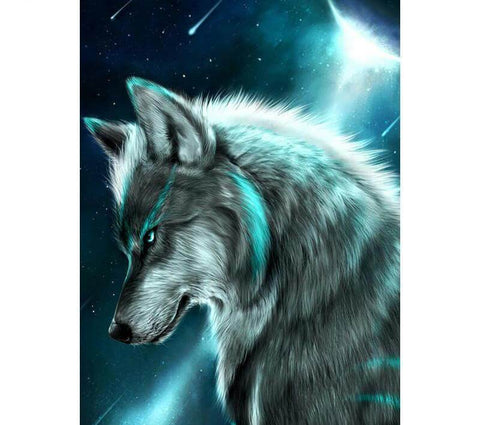 Image of a shimmering portrait of a guarding wolf diamond painting kit