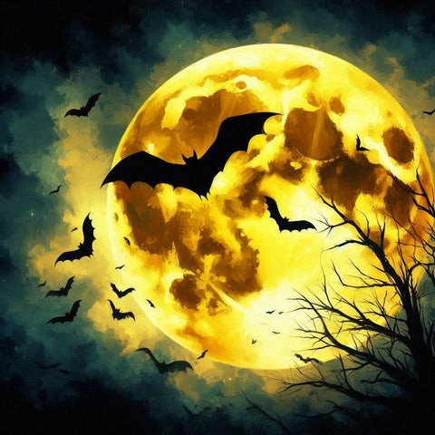 Image of Diamond painting of spooky Halloween scene with bats flying in front of a full moon. 