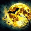 Diamond painting of spooky Halloween scene with bats flying in front of a full moon. 