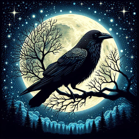 Image of Diamond painting of a black crow perched on a branch, associated with Halloween.