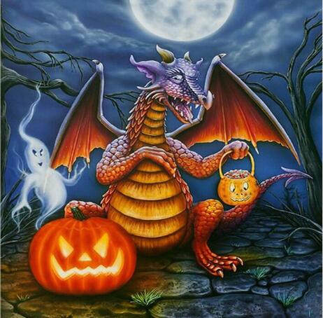 Image of Diamond painting of a friendly Halloween dragon sitting next to a jack-o-lantern and a ghost.